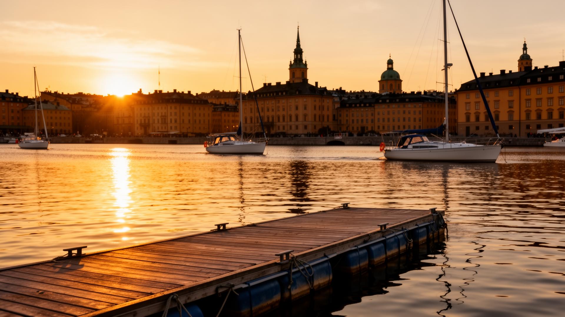 Utsikt över Riddarfjärden vid solnedgång